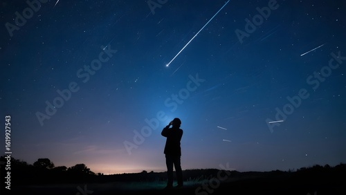 Silhouette of a person observing meteors streaking across the night sky
