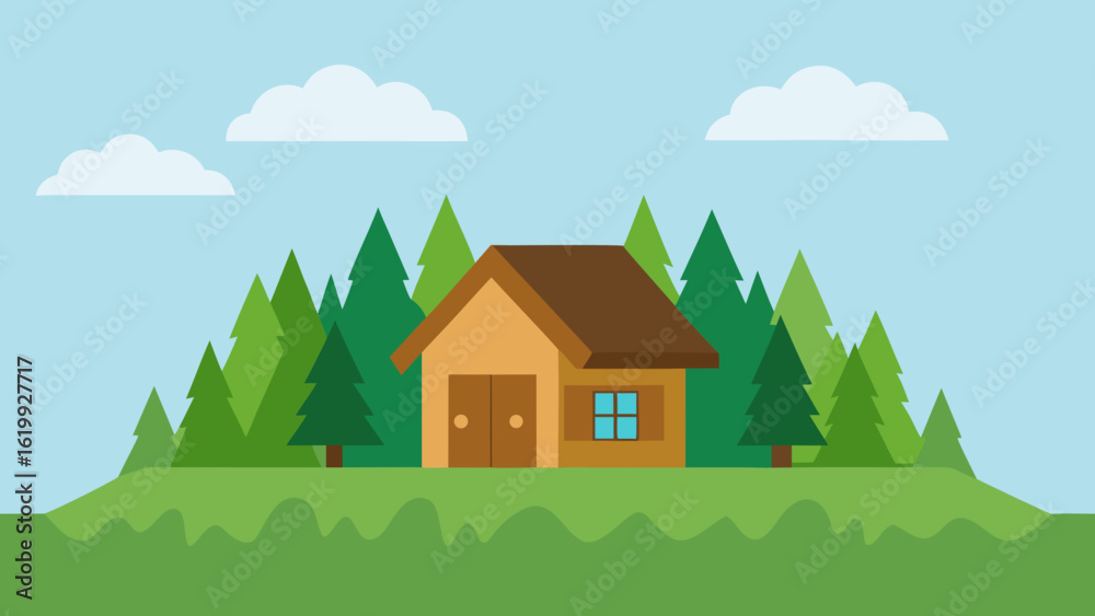 Naklejka premium Grass Roof House in Wild Nature Eco Home Vector Art