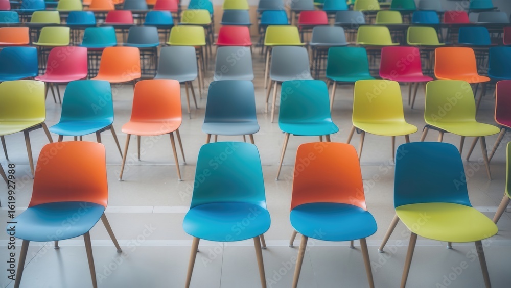 Naklejka premium Colorful rows of chairs in varying hues of blue, orange, green, and yellow arranged in a pattern on a blue floor