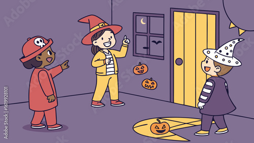 Three children in halloween costumes a witch a pirate and another witch stand near a door with pumpkins and a crescent moon