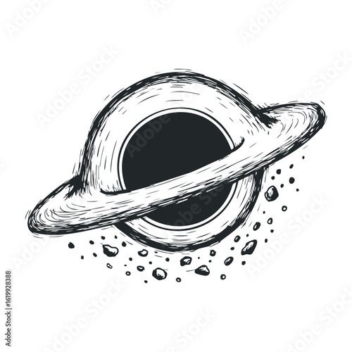 Hand-drawn saturn illustration with rings and asteroids in black and white. Vector illustration