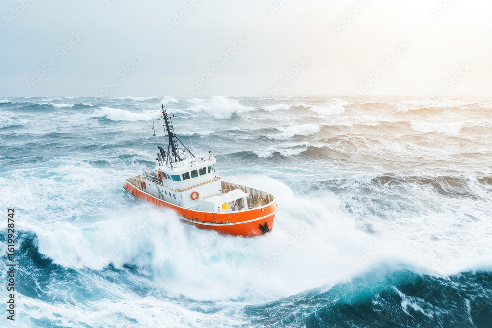 Fototapeta premium Brave tugboat navigates through stormy sea, battling fierce waves and strong winds, showcasing resilience and determination