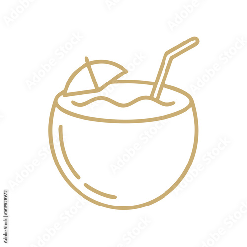 Coconut drink icon with straw and umbrella in minimal style  