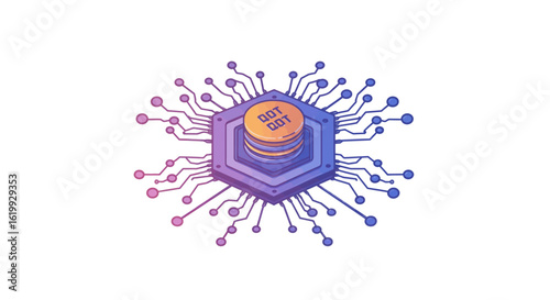 Cryptocurrency coin on a stylized microchip, representing digital currency technology.