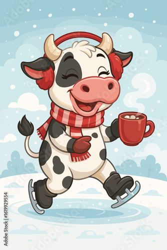 Ice Skating Cow with Earmuffs and Cocoa