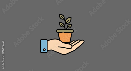 A hand gently holding a small potted plant, a simple illustration of nurturing and care.