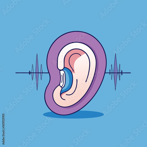 Human Ear Anatomy Illustration with Sound Waves for Audiology and Hearing Healthcare
