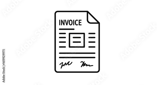 Simple black and white illustration of an invoice document with lines and signature.
