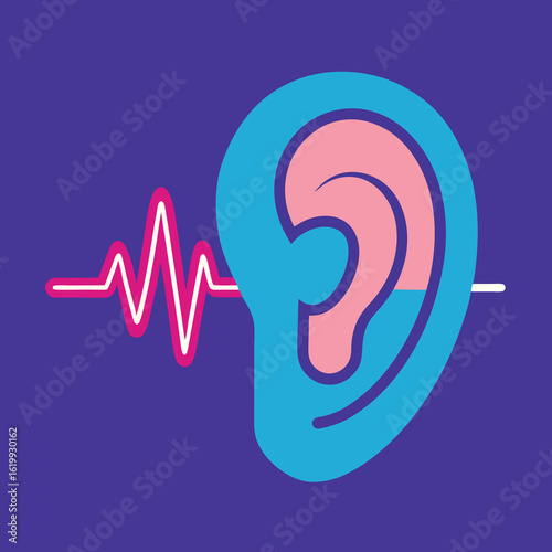 Stylized Illustration of an Ear with a Sound Wave Representing Hearing and Audiology