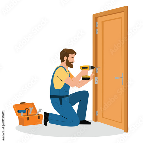 Man in overalls installing a door lock with a power drill next to his open toolbox on a white background