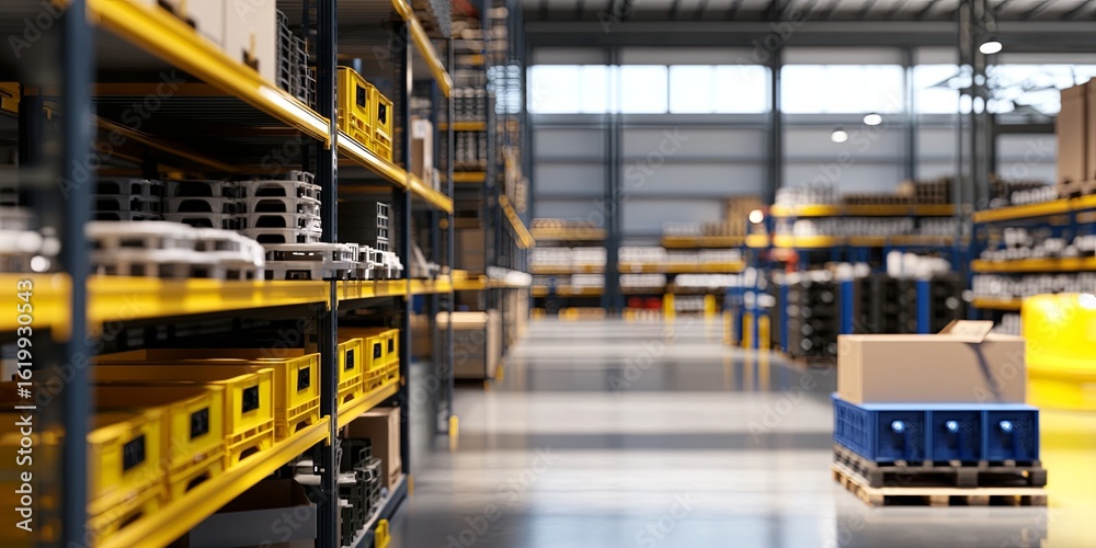Fototapeta premium Well-organized warehouse space focused on bulk storage solutions and efficient retrieval, featuring labeled bins and clear pathways to enhance space efficiency
