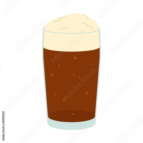 Glass of dark beer with frothy head. Flat vector isolated illustration