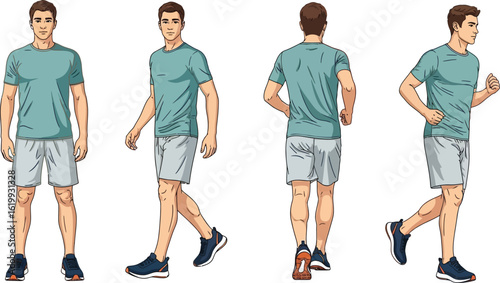 Active man in athletic wear shown in multiple poses for fitness concepts