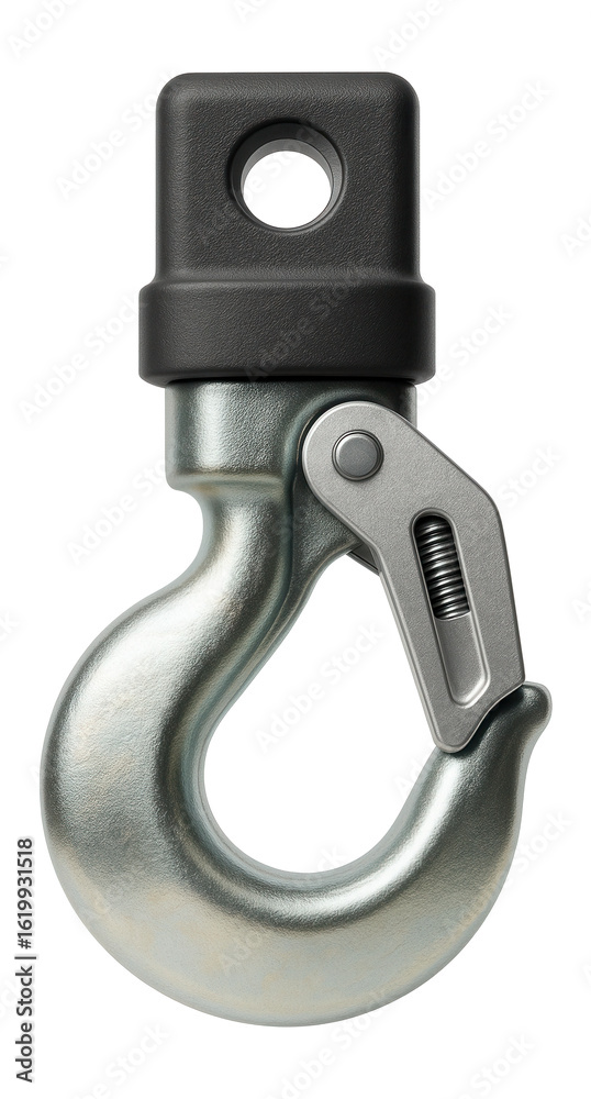Obraz premium Compact zinc-plated tow hook with a spring-loaded latch for agricultural machinery.