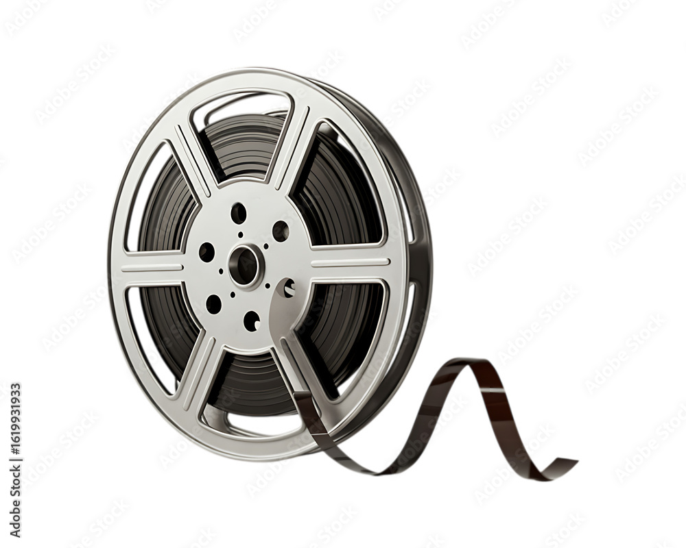 Obraz premium Close up of a classic film reel with a strip of film unwinding. Concept of filmmaking, movie production, vintage cinema, and nostalgia.