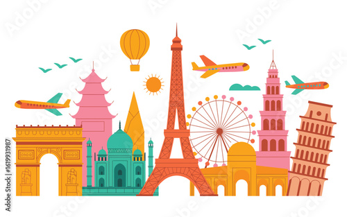 Tour Travel Around the World – Colorful Vector Illustration Featuring Famous Landmarks, Global Transportation, and Adventure Elements for Vacation, Tourism, and Travel Agency Designs

