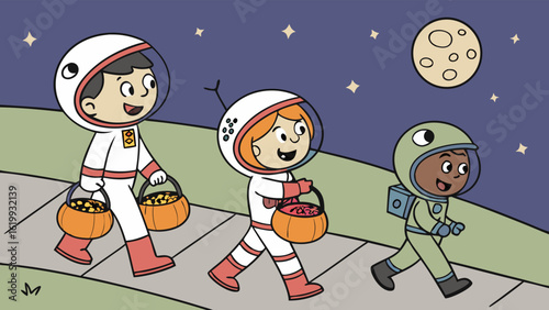 Three diverse children in astronaut costumes happily trick or treating on a starry night with a moon in the sky