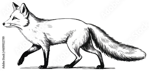 Black and white fox illustration in side profile—realistic fur detail, alert expression, and elegant motion in minimalist linework style 