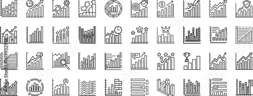 Line art graphic depicting various business growth charts, data analysis icons, and upward trending graphs illustrating success and progress.