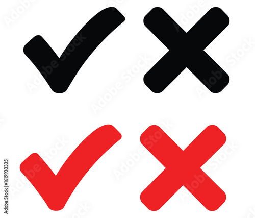 Black and red check mark and cross icons arranged in grid—minimalist symbols representing approval and disapproval for UI, feedback, and design use