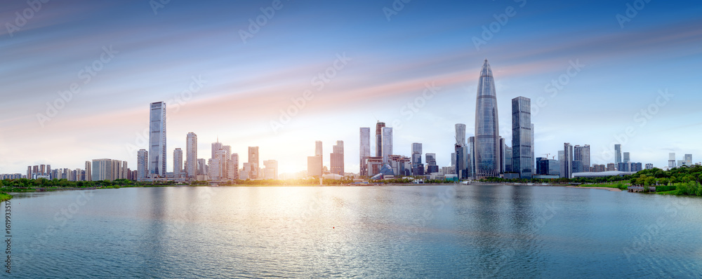 Fototapeta premium Skyscrapers by the lake, CBD of a big city, Shenzhen, China.