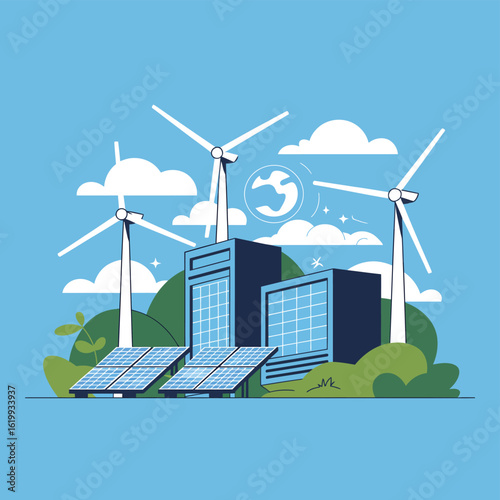 Green alternative energy landscape with wind turbines, solar panels, and a power station generating clean, renewable electricity under a blue sky