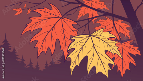 Vibrant autumn maple leaves in shades of orange and yellow hang from dark branches against a deep purple background with silhouetted trees