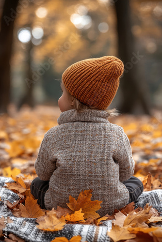Little boy sitting in pile of leaves.