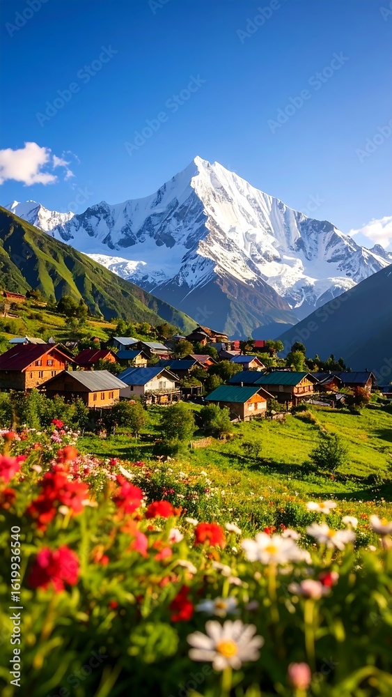 Fototapeta premium Mountain village bathed in sunlight