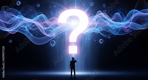 Silhouette of a man contemplates a glowing question mark amidst digital waves, concept for problem solving, strategic planning and decision making for future company leader