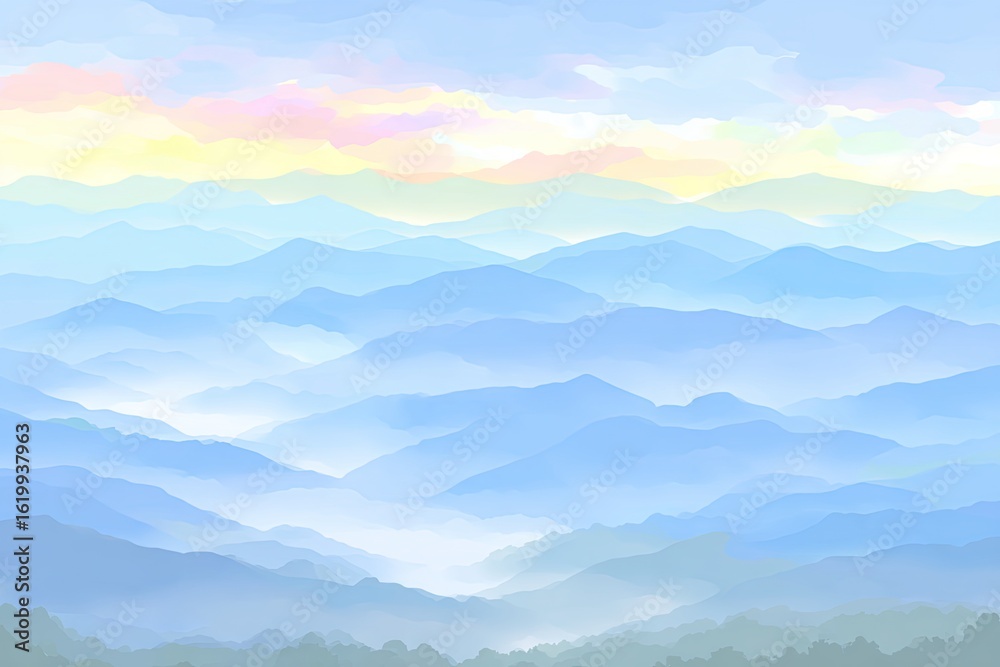 Fototapeta premium Pastel mountain range vista, hazy and serene