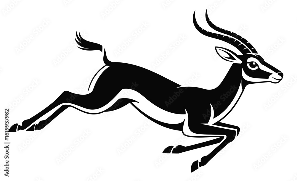 Fototapeta premium Stylized black and white illustration of leaping antelope with curved horns and streamlined body, captured mid-air in dynamic motion