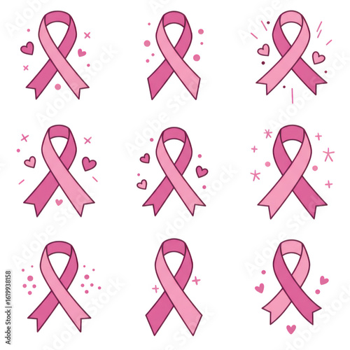 Collection of nine pink breast cancer awareness ribbons with hearts and sparkles isolated on transparent background