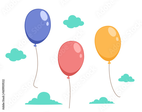 Blue, red, and yellow balloons floating in a cartoon sky with clouds. Great for celebration, birthday or uplifting themes
