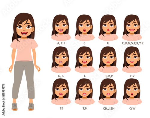 Cartoon vector of a full length woman character plus facial mouth rigging poses for alphabet animation. Elements for animators, rigging design and character development