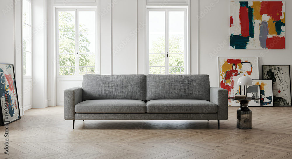 Fototapeta premium Stylish gray sofa in modern design house