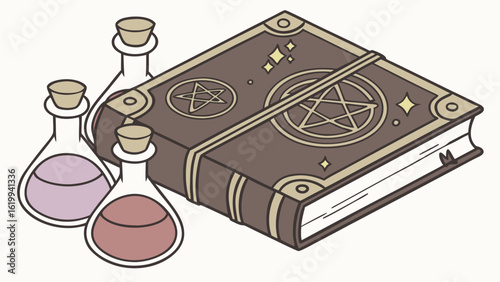 An ancient leather bound spellbook adorned with mystical pentagrams and sparkling stars sits beside three glass vials filled with colorful potions evoking a sense of magic and enchantment