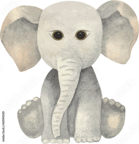 Vector illustration of a cute plush elephant toy. Ideal for baby cards, kids’ room decor, and greeting invitations.