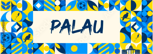 Colorful Geometric Palau Banner with Cultural Symbols and Flag Elements
