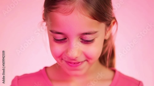 Wallpaper Mural Horizontal video smiling girl in pink lighting on pink background Torontodigital.ca