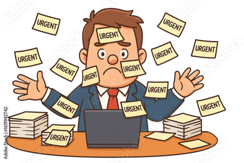 Stressed businessman overwhelmed with urgent notes at desk  