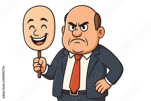 Businessman holding a mask with a smile while looking angry  