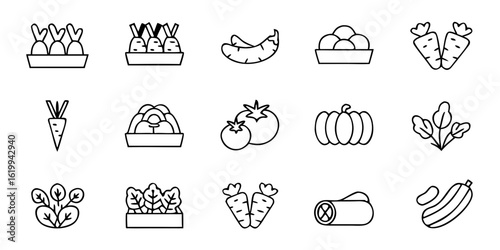 Outline icons of various vegetables in baskets and arrangements  