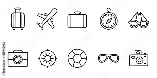 Travel icons collection with suitcase, airplane, and compass  