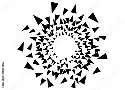 Abstract vector explosion. Round pattern of black triangles on a white background. Design element. star. Vector background. Flying fragments. Space. Light, rays