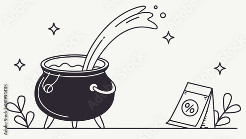 A whimsical cauldron bubbles with magical liquid surrounded by stars and a percentage sign suggesting a magical discount or sale