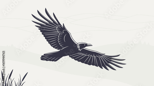 A majestic raven soars through a serene landscape with rolling hills and sparse trees symbolizing freedom and nature s beauty