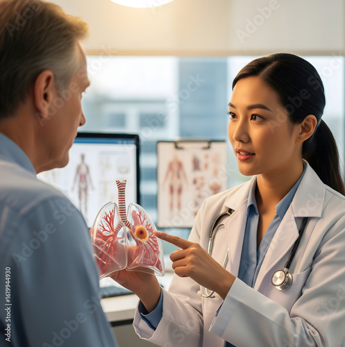 Female doctor discussing lung disease diagnosis with a senior patient using an anatomical model of the respiratory system in a clinic