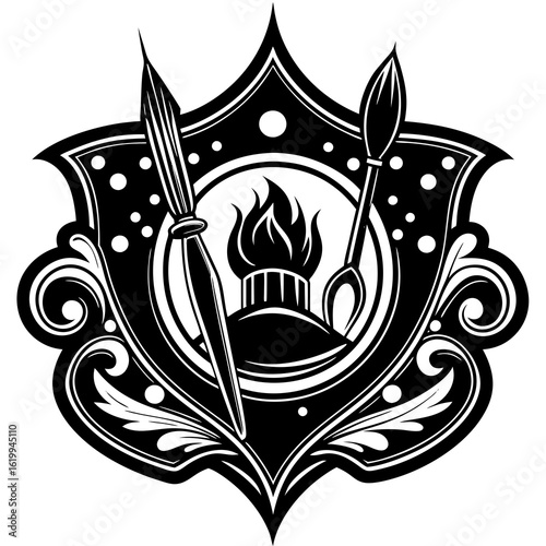 Artistic Emblem with Paintbrushes and Flame.