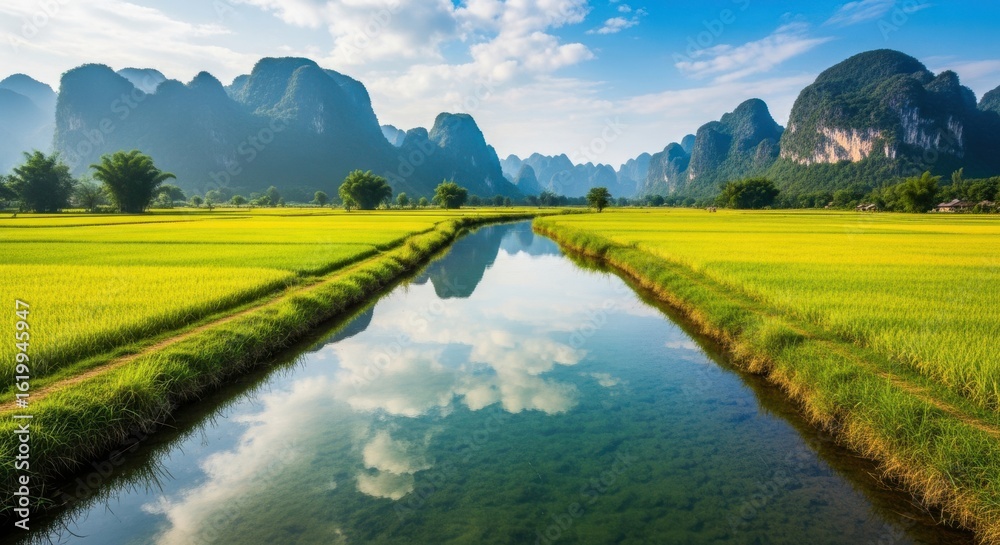 Obraz premium Breathtaking Scenic River Winding Through Lush Green Rice Fields and Majestic Mountains